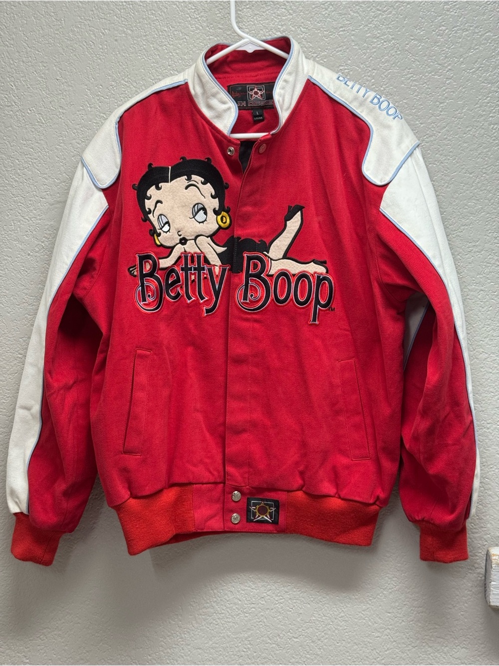 Betty Boop Red and White Varsity Jacket with Embroidered Logo